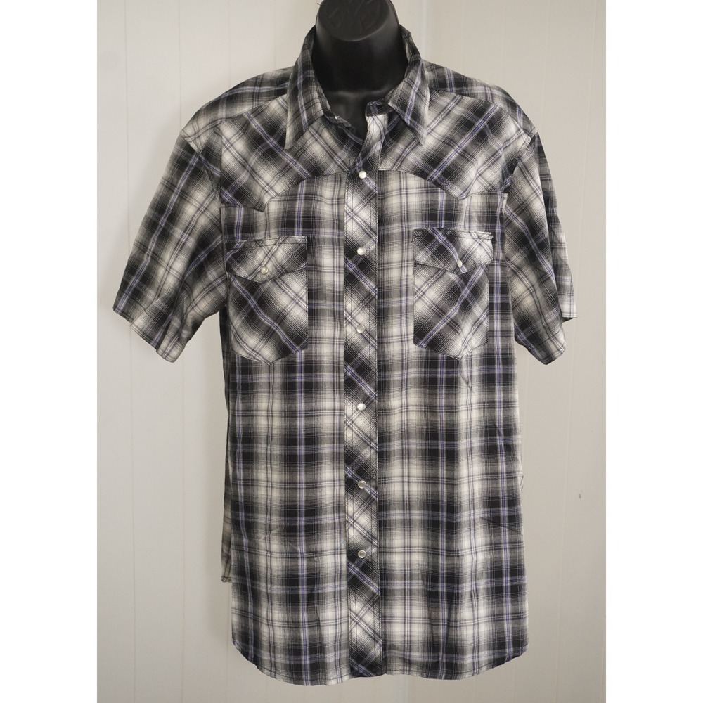 Wrangler Short Sleeve Plaid Western Snap Shirt Black White Purple